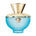 Blue perfume bottle with gold cap on a white background
