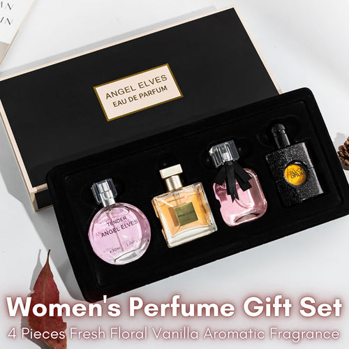 Women's perfume gift set with four bottles in a black box labeled 'Angel Elves Eau de Parfum'.
